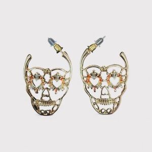 Gold Skull Earrings with Heart Details